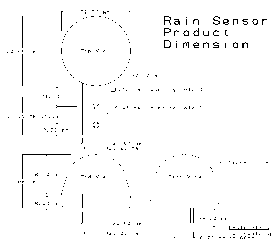 Rain Sensor dimension drawing details on white background for printing on paper.
