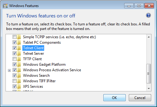 Install telnet program from the Windows OS, Programs and Features